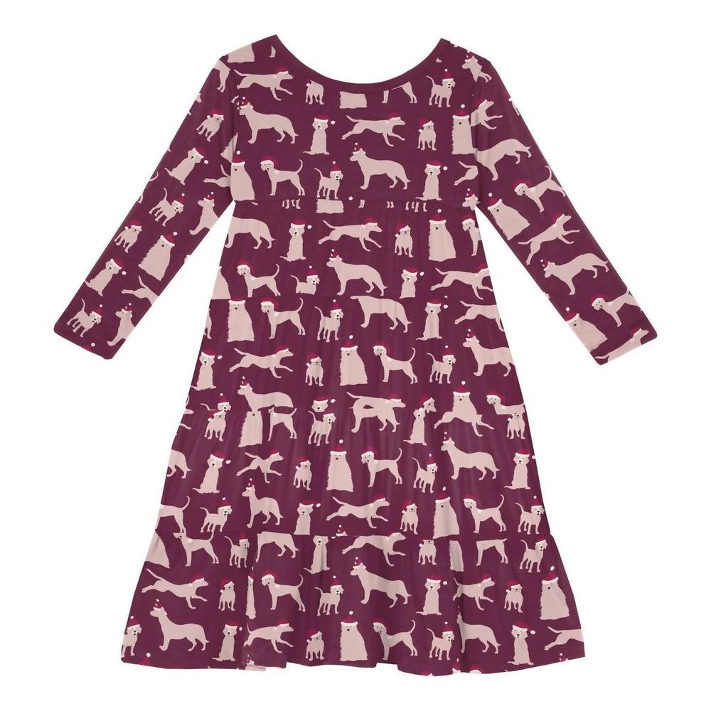 NEW KICKEE girls' print long sleeve tiered dress in melody santa dogs